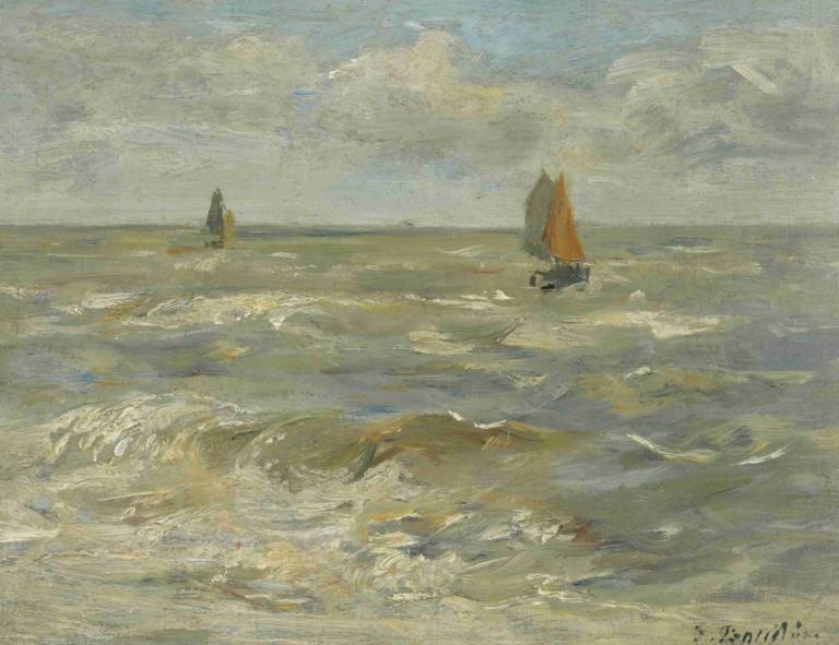 Voiliers Sur La Mer,Segelbåtar på havet,Eugène Boudin,Oljemålning,Oljemålning, utomhus, moln