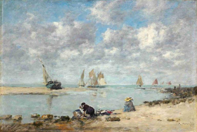 Washerwoman near Trouville,Tvätterska nära Trouville,Eugène Boudin,Oljemålning,Oljemålning, utomhus, moln