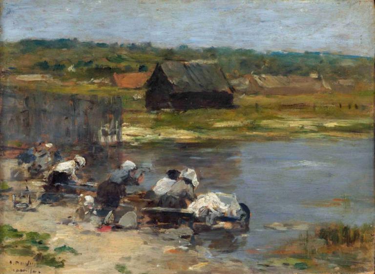 Washerwomen at the Edge of the Pond,Tvätterskor vid kanten av dammen,Eugène Boudin,Oljemålning,Oljemålning