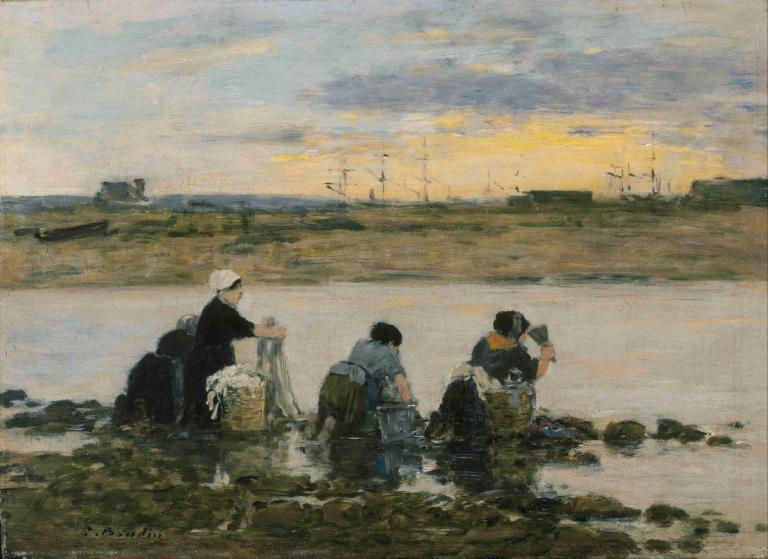 Washerwomen by the River,Tvätterskor vid floden,Eugène Boudin,Oljemålning,Oljemålning, flera pojkar, utomhus