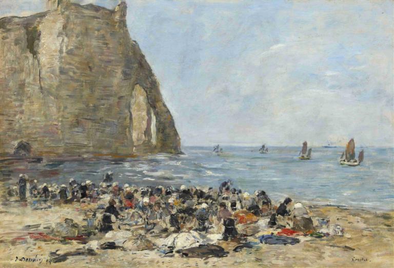 Washerwomen on the Beach of Etretat,Tvätterskor på stranden i Etretat,Eugène Boudin,Oljemålning,Oljemålning