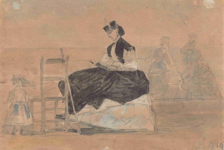 Woman in a Crinoline on the Beach of Trouville,Kvinna i krinolin på stranden i Trouville,Eugène Boudin