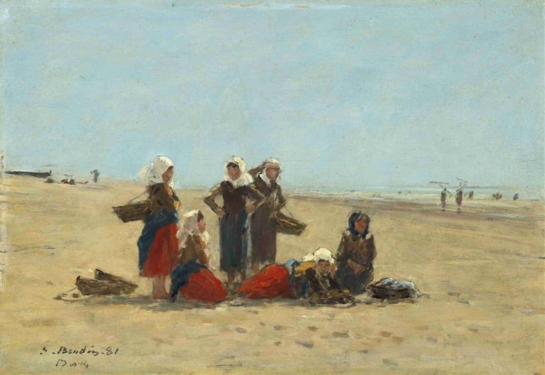 Women on the Beach at Berck,Kvinnor på stranden vid Berck,Eugène Boudin,Oljemålning,Oljemålning, flera pojkar