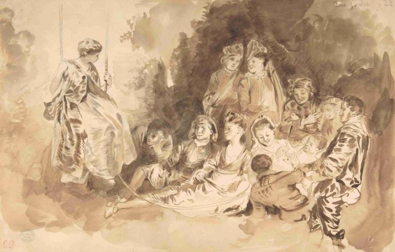 'The Swing,' after Antoine Watteau (Les Agréements de l'été),Eugène Delacroix,Sketch,Sketch, multiple girls