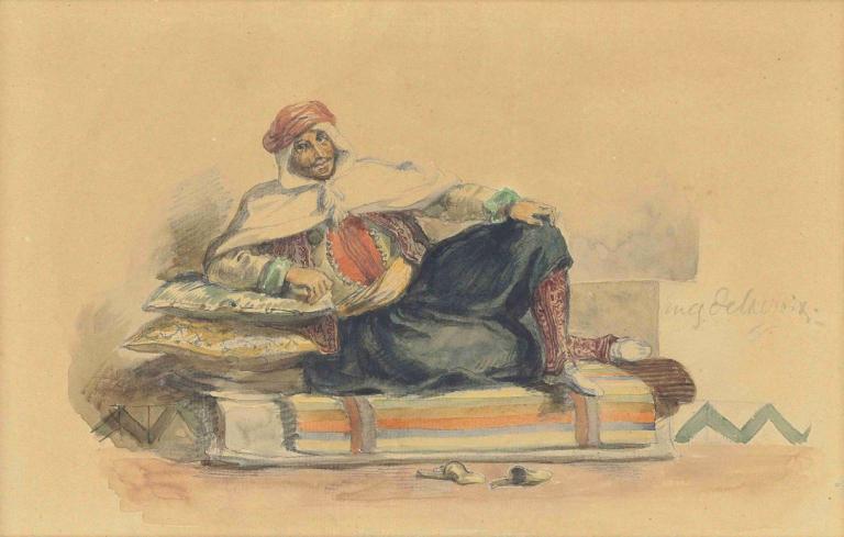 A Berber seated on a low couch,En berber som sitter på en lav sofa,Eugène Delacroix,Fargeskisse,Fargeskisse