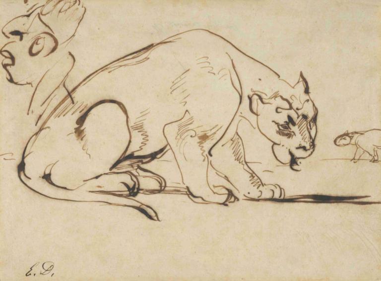 A Lioness and a Caricature of Ingres,Eugène Delacroix,Sketch,Sketch, monochrome, no humans, dog, animal