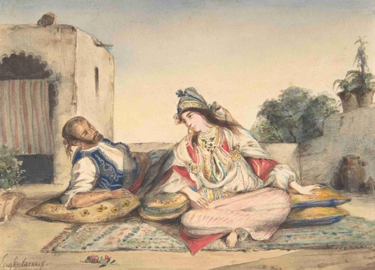 A Moroccan Couple on Their Terrace,Eugène Delacroix,Color Sketch,Color Sketch, fine art parody, dark skin