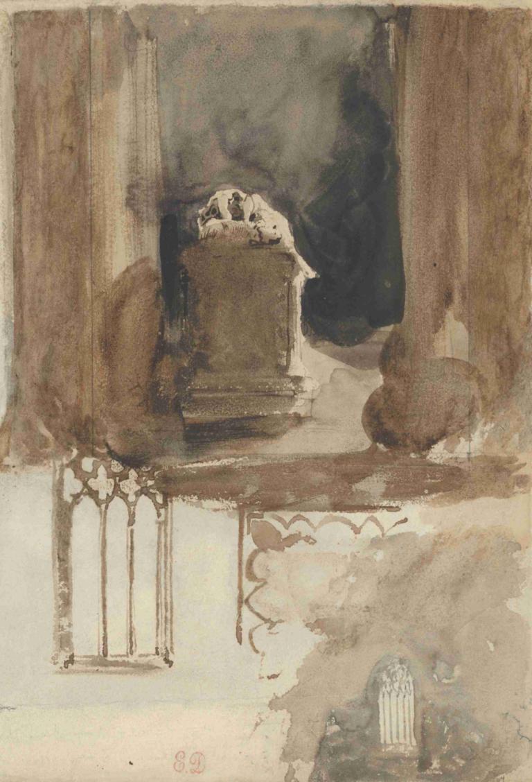 A Tomb and Studies of Windows in the Church of Valmont Abbey,Eugène Delacroix,Color Sketch,Color Sketch