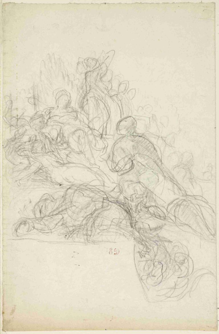 Allegorical or Mythological Scene,Eugène Delacroix,Sketch,Sketch, monochrome, sketch, 1girl, traditional media