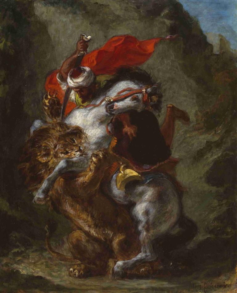 Arab Horseman Attacked by a Lion,Arabský jezdec napaden lvem,Eugène Delacroix,Olejomalba,Olejomalba