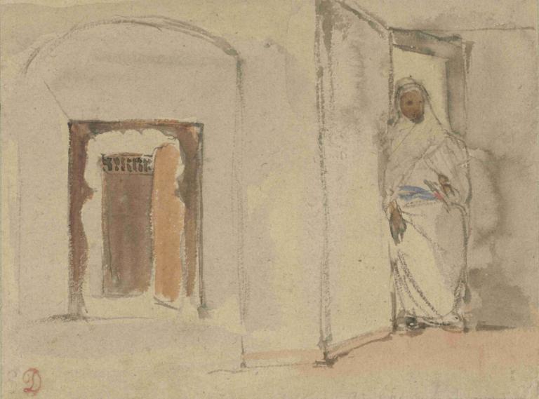 Arab in front of his house,Araber foran huset sitt,Eugène Delacroix,Fargeskisse,Fargeskisse, 1 gutt