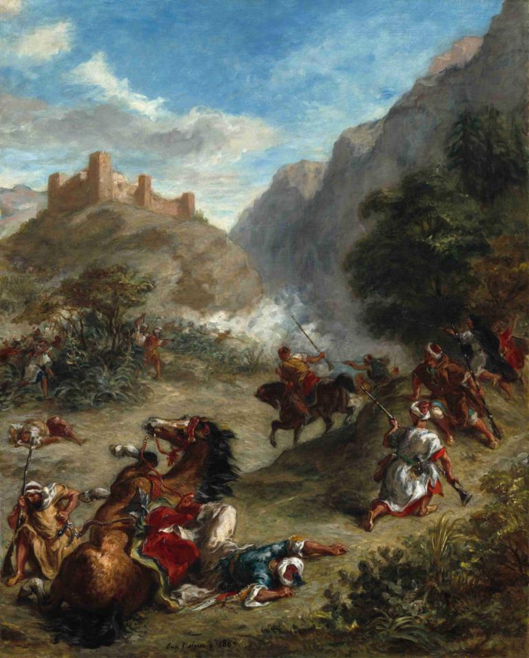 Arabs Skirmishing in the Mountains,山中で小競り合いをするアラブ人,Eugène Delacroix,ウジェーヌ・ドラクロワ,油絵,油絵, 馬, 乗馬, 武器, ライディング, 屋外