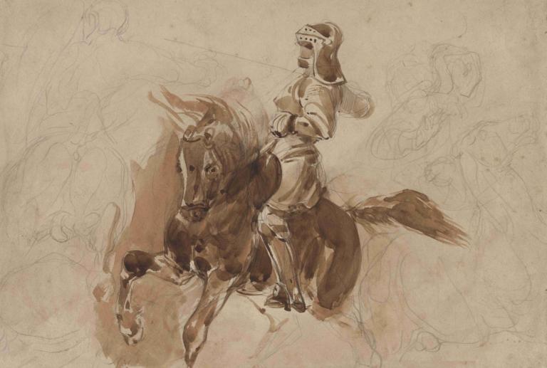 Armored Figure on Horseback (recto),馬に乗った鎧の人物（レクト）,Eugène Delacroix,ウジェーヌ・ドラクロワ,カラースケッチ,カラースケッチ, 馬, ライディング