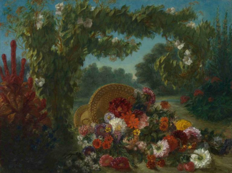 Basket of Flowers,花のバスケット,Eugène Delacroix,ウジェーヌ・ドラクロワ,油絵,油絵, 花, 人間がいない, 屋外, 白い花, 景色, 木, 赤い花, 日, 植物, 空