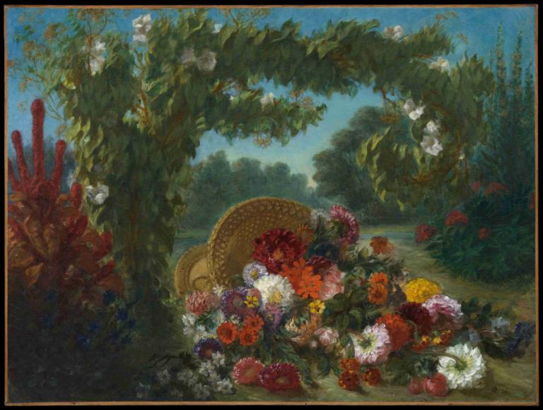 Basket of Flowers,花のバスケット,Eugène Delacroix,ウジェーヌ・ドラクロワ,油絵,油絵, 人間がいない, 花, 屋外, 木, 景色, 白い花, 国境, 日, 自然, 従来のメディア