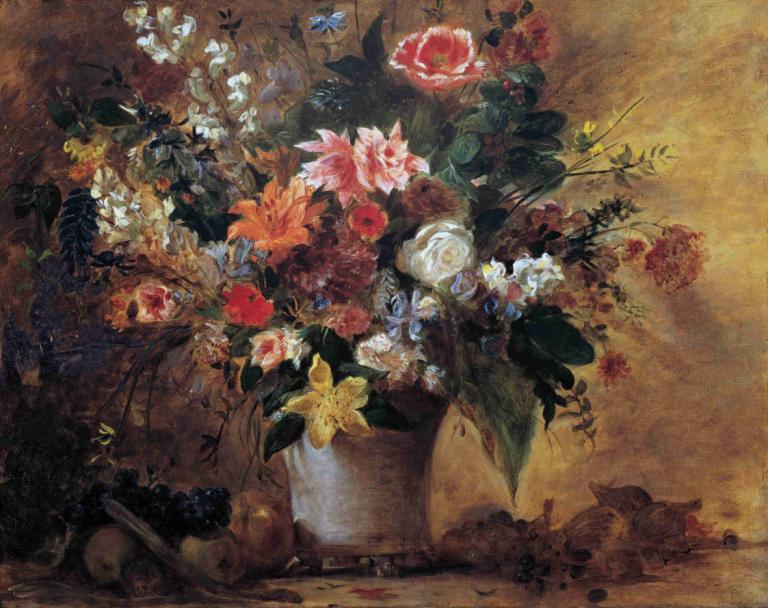 Blumenstillleben,Bloemstilleven,Eugène Delacroix,Olieverf,Olieverf, bloem, plant, geen mensen, rode bloem