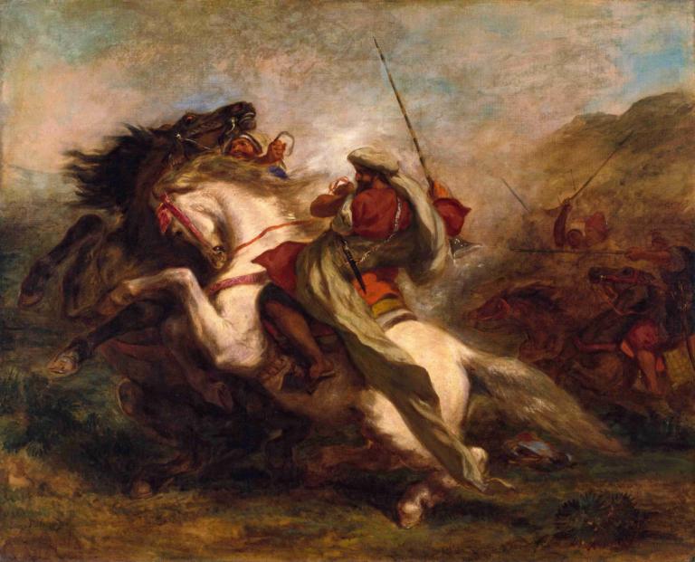 Collision of Moorish Horsemen,Botsing van Moorse ruiters,Eugène Delacroix,Olieverf,Olieverf, paard, rijden