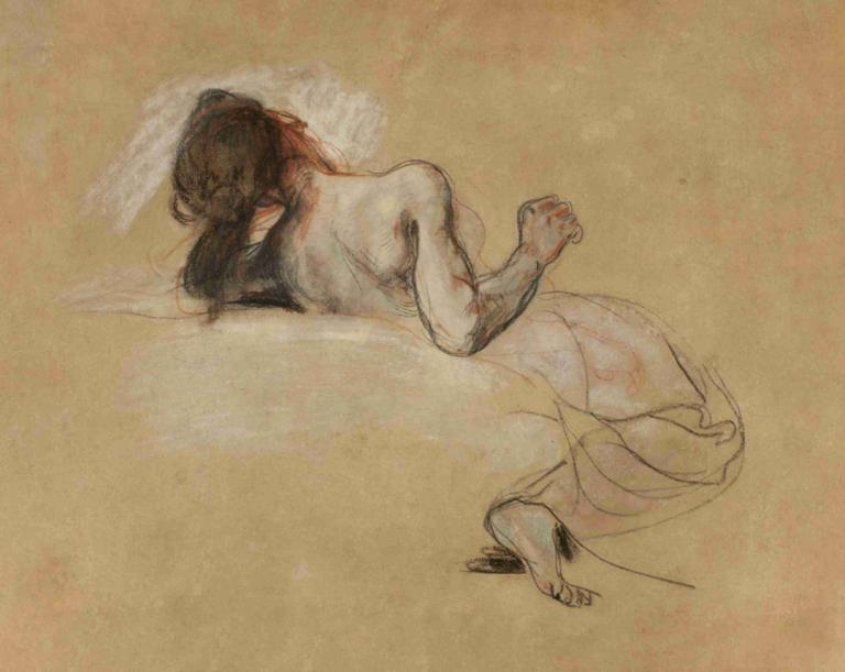 Crouching Woman,クラウチング・ウーマン,Eugène Delacroix,ウジェーヌ・ドラクロワ,カラースケッチ,カラースケッチ, ソロ, 1女の子, 裸足, ヌード, 黒髪, 長い髪, 嘘つき