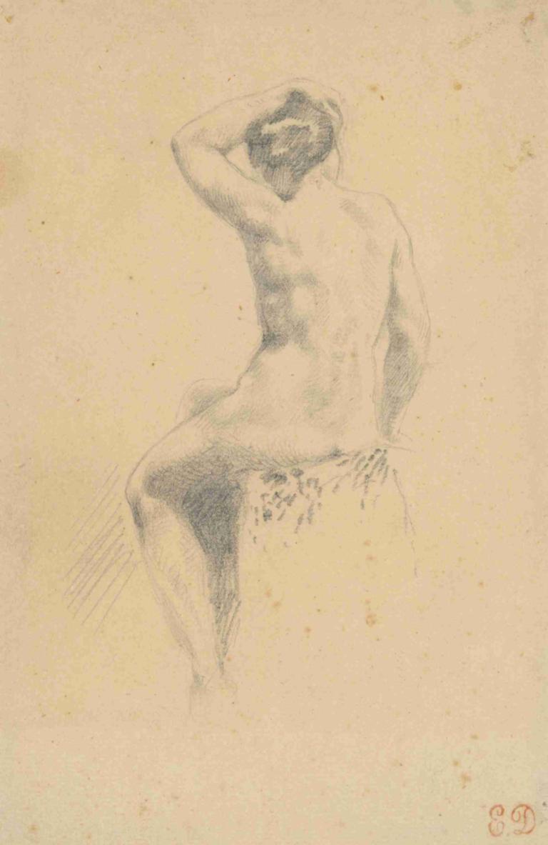 Female Nude Seen from the Rear,後ろから見た女性のヌード,Eugène Delacroix,ウジェーヌ・ドラクロワ,スケッチ,スケッチ, ソロ, ヌード, モノクロ, 座っている, 戻る