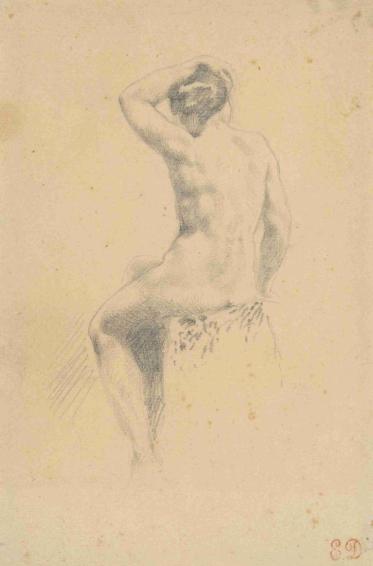 Female Nude Seen from the Rear,Eugène Delacroix,Sketch,Sketch, solo, nude, monochrome, sitting, back, 1girl