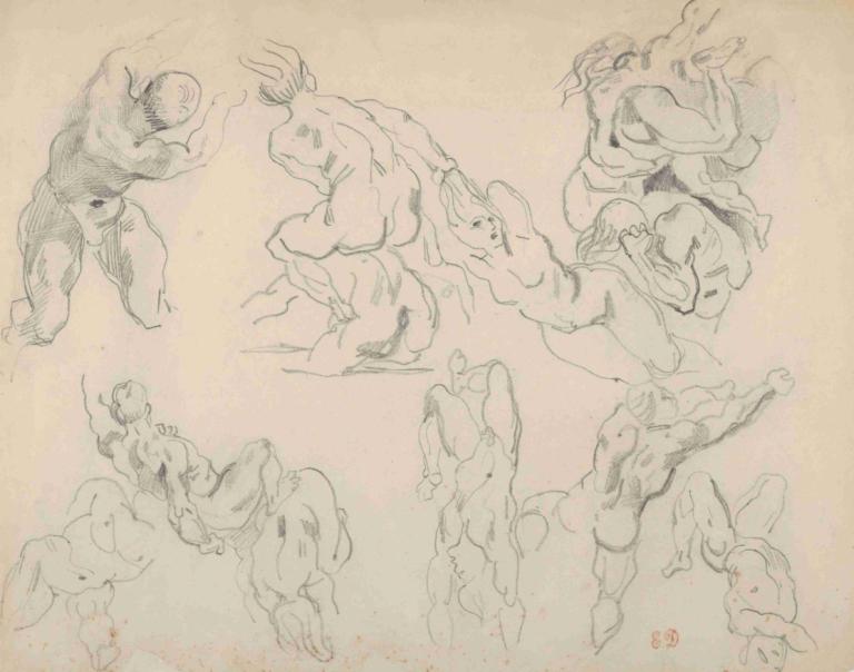 Figure Studies after Rubens's 'Fall of the Rebel Angels',Eugène Delacroix,Sketch,Sketch, bald, sketch