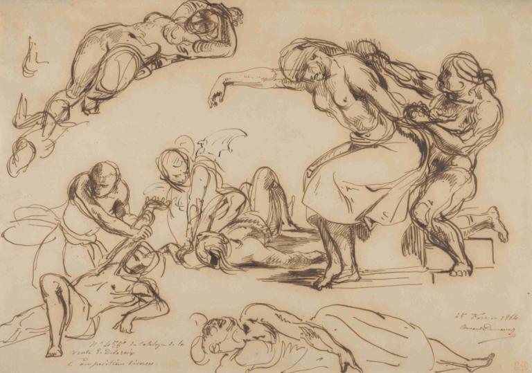 Figure Studies for the Salon du Roi, Palais Bourbon,Eugène Delacroix,Sketch,Sketch, sketch, wings, monochrome