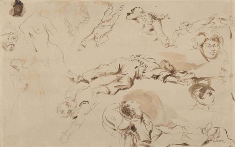 Figure Studies related to 'Liberty Leading the People',Eugène Delacroix,Sketch,Sketch, sketch, monochrome