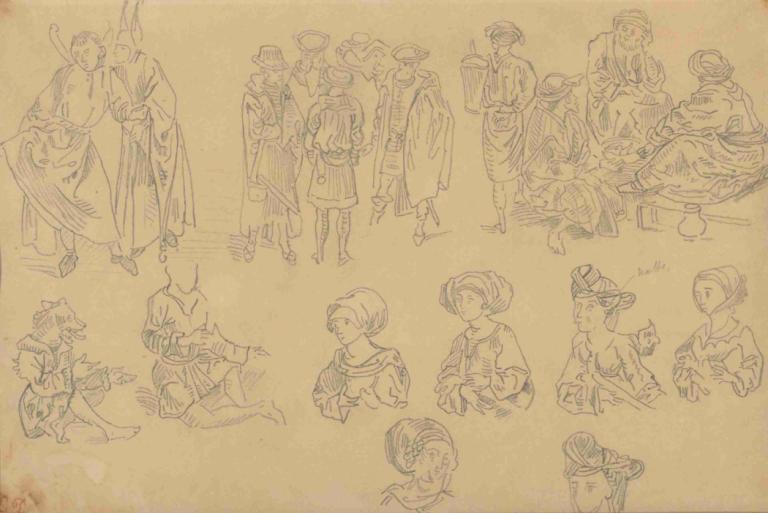 Figures in Medieval Costume (Tracings from the 'Nuremberg Chronicle'),Eugène Delacroix,Sketch,Sketch, hat