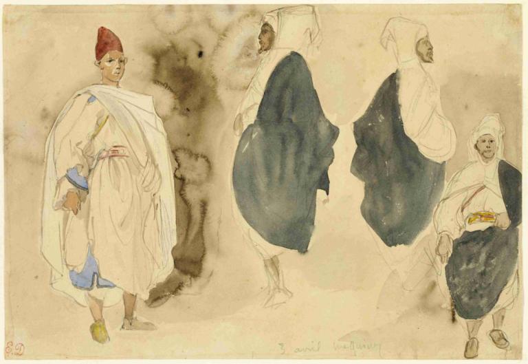 Four Sketches of Arab Men,Fire skisser av arabiske menn,Eugène Delacroix,Fargeskisse,Fargeskisse, kappe