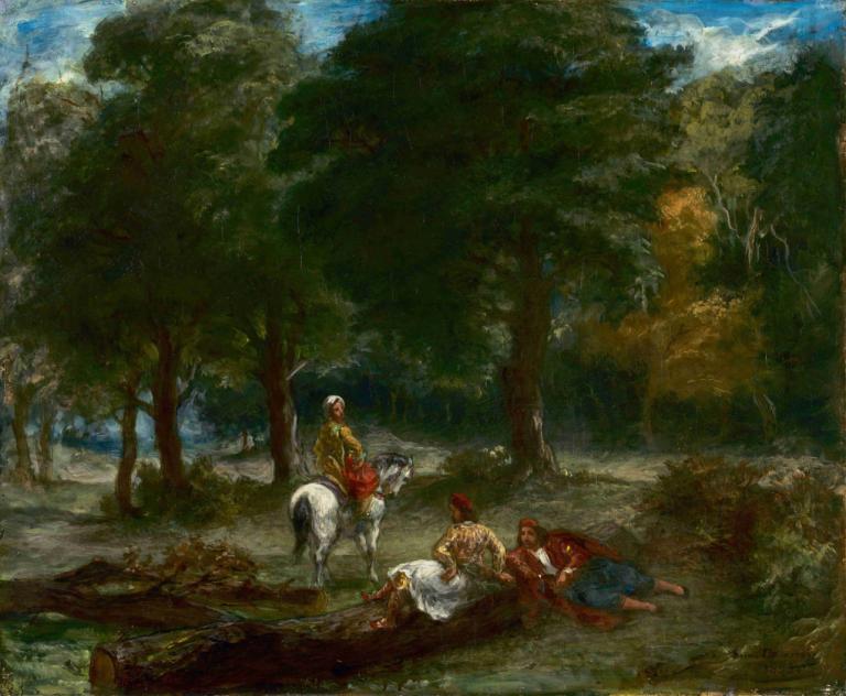 Greek Cavalry Men Resting in Forest,Grški konjeniki počivajo v gozdu,Eugène Delacroix,Oljna slika,Oljna slika