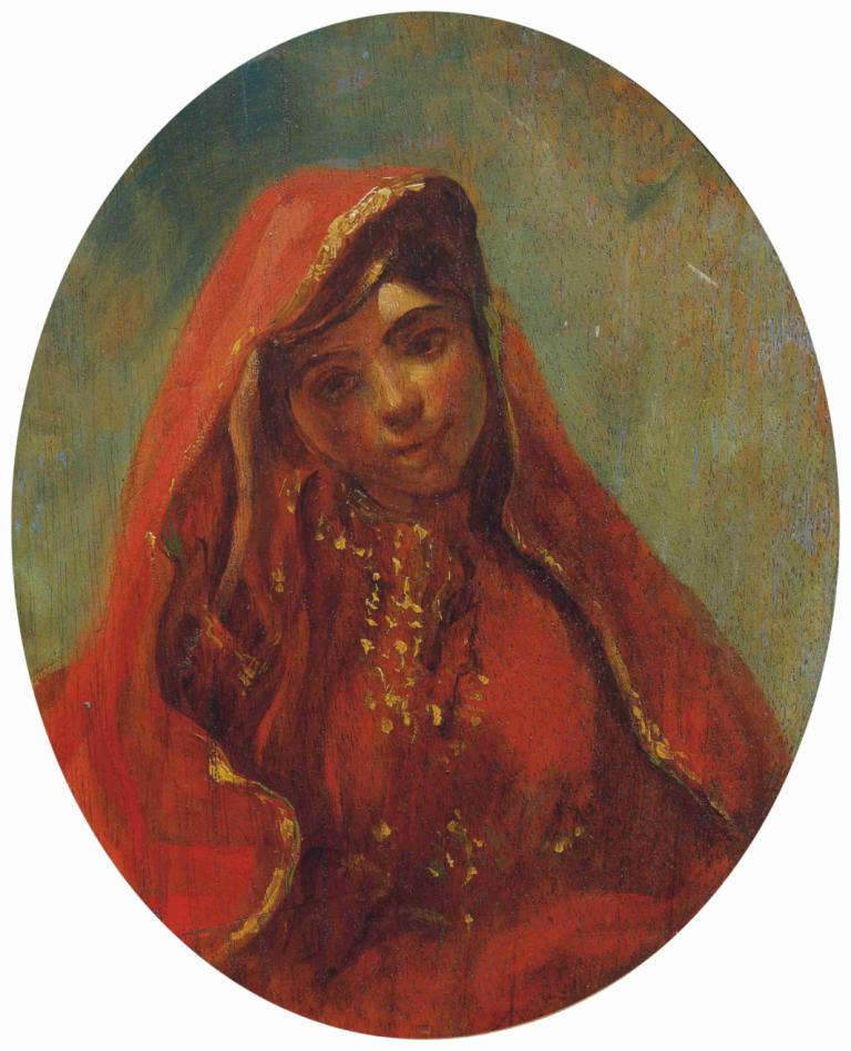 Halbfigur Einer Marokkanerin,Halvlang figur af en marokkansk kvinde,Eugène Delacroix,Oliemaleri,Oliemaleri