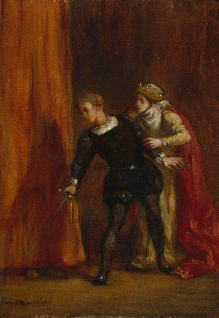 Hamlet and His Mother,Hamlet och hans mor,Eugène Delacroix,Oljemålning,Oljemålning, konstparodi, vapen, svärd