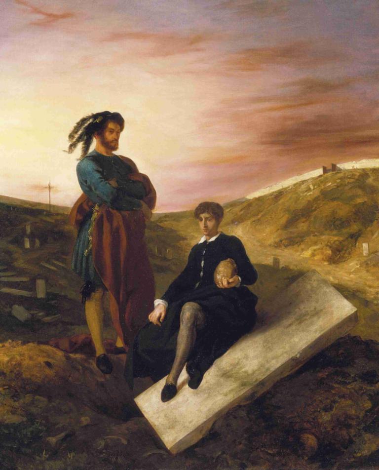 Hamlet and Horatio at the Cemetery,Hamlet a Horatio na hřbitově,Eugène Delacroix,Olejomalba,Olejomalba, venku