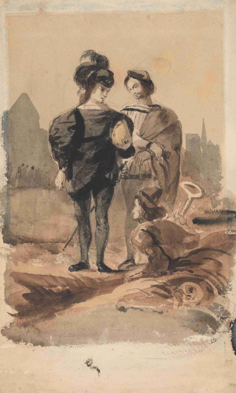 Hamlet and Horatio in the Graveyard,Hamlet in Horatio na pokopališču,Eugène Delacroix,Barvna skica