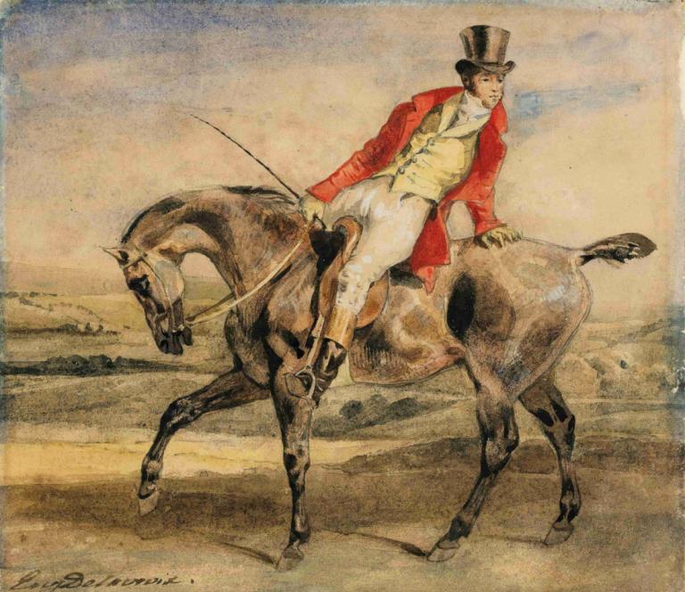 Horseman wearing a red jacket,Rytter iført rød jakke,Eugène Delacroix,Oljemaleri,Oljemaleri, hest, 1 gutt