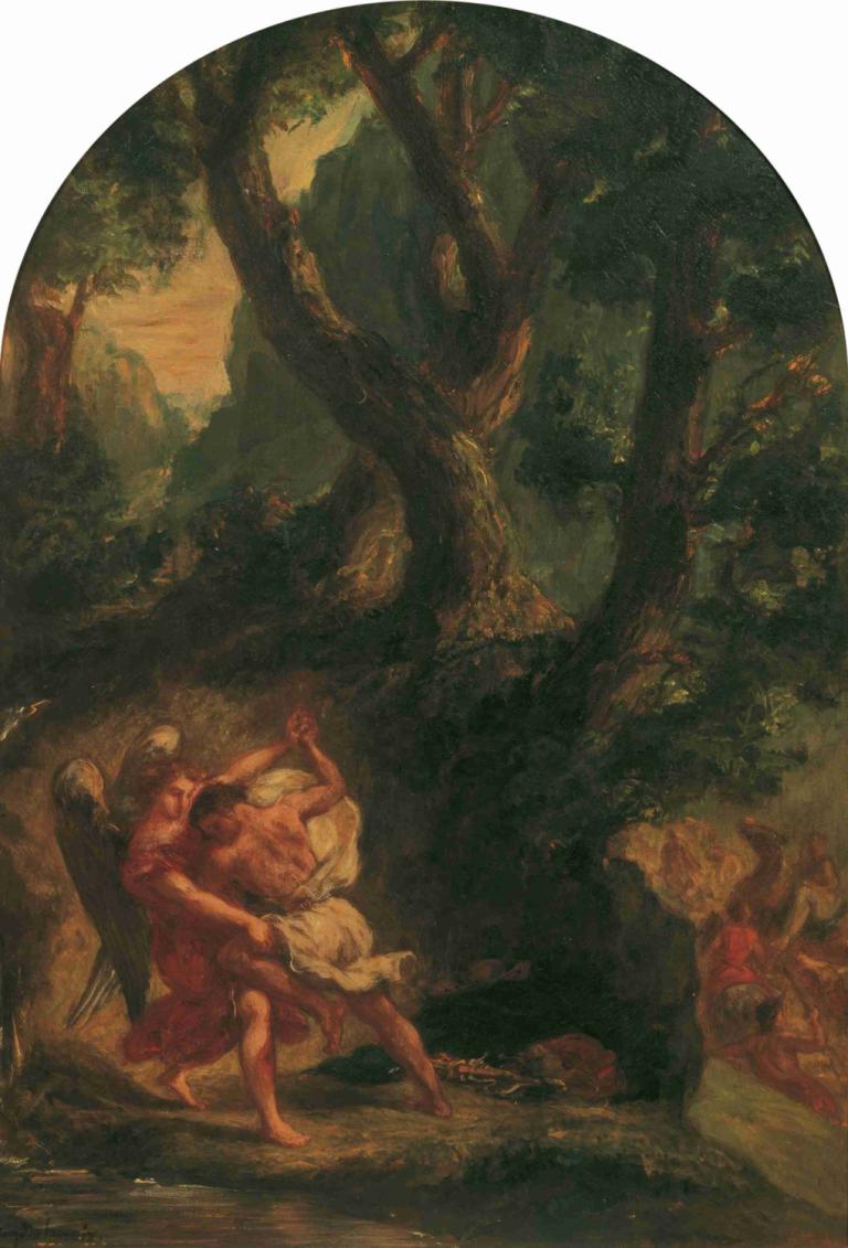 Jakob ringt mit dem Engel,Eugène Delacroix,Oil Painting,Oil Painting, fine art parody, tree, wings, barefoot