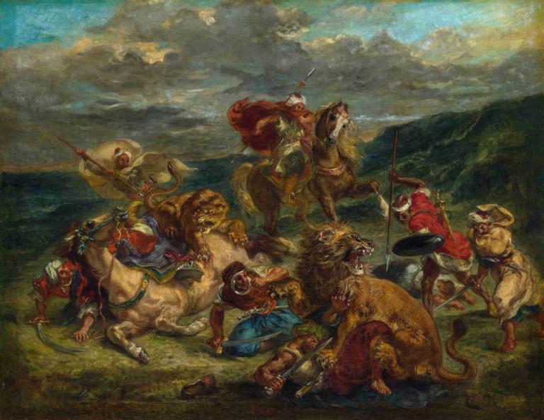 Lion Hunt,Lejonjakt,Eugène Delacroix,Oljemålning,Oljemålning, vapen, moln, cape, konstparodi, häst, himmel