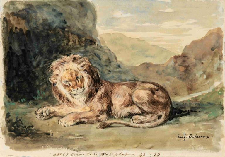 Lying Lion In A Landscape,Liggande lejon i ett landskap,Eugène Delacroix,Oljemålning,Oljemålning