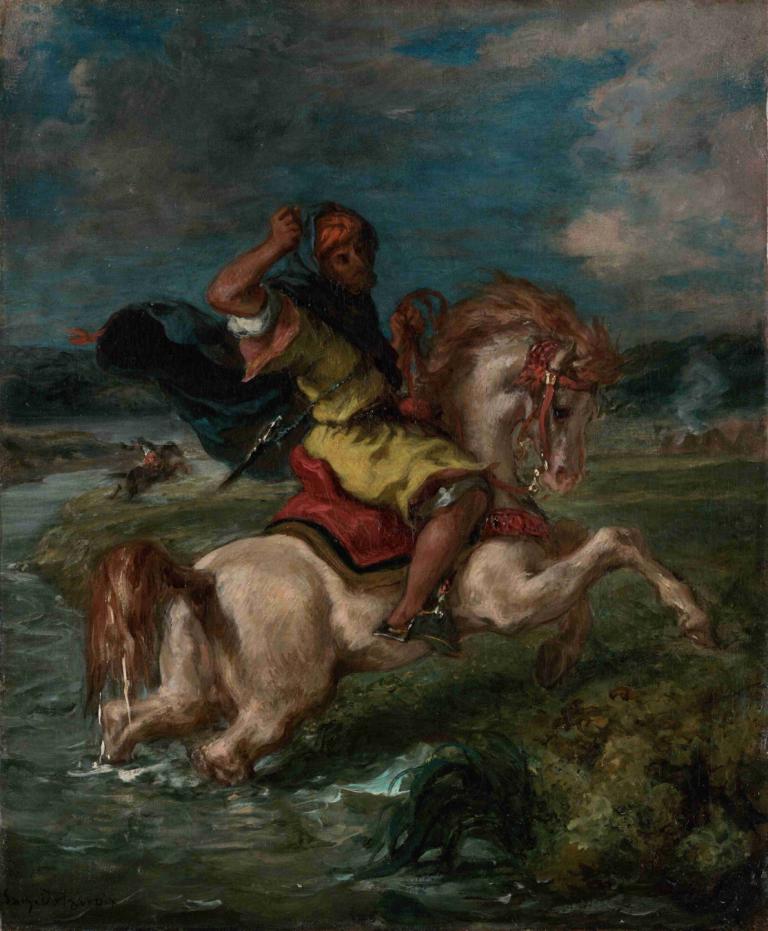 Moroccan Horseman Crossing a Ford,Maroški jezdec, ki prečka brod,Eugène Delacroix,Oljna slika,Oljna slika