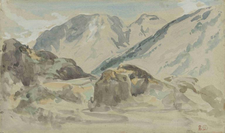 Mountain Landscape,Gorska pokrajina,Eugène Delacroix,Barvna skica,Barvna skica, rock, na prostem, pesek