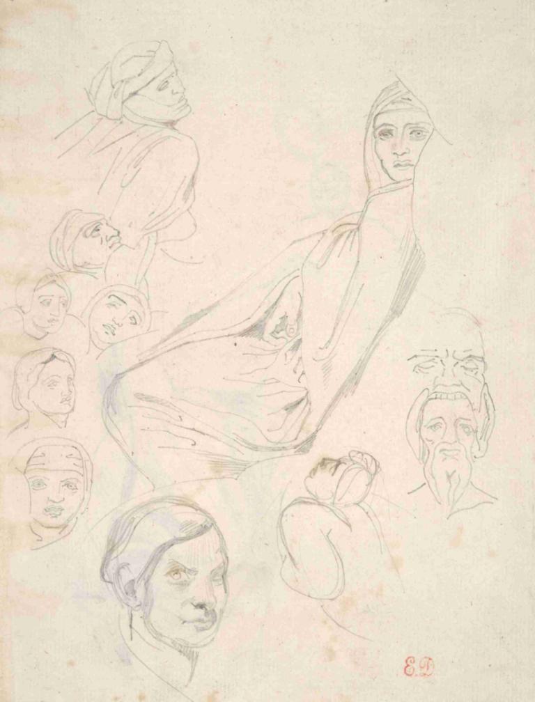 Sheet of North African Pencil Studies,Feuille d'études au crayon d'Afrique du Nord,Eugène Delacroix,Croquis