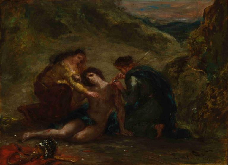 St. Sebastian with St. Irene and Attendant,圣塞巴斯蒂安与圣艾琳和随从,Eugène Delacroix,欧仁-德拉克洛瓦,油画,油画, 美术模仿, 裸体, 假传统媒体, 岬