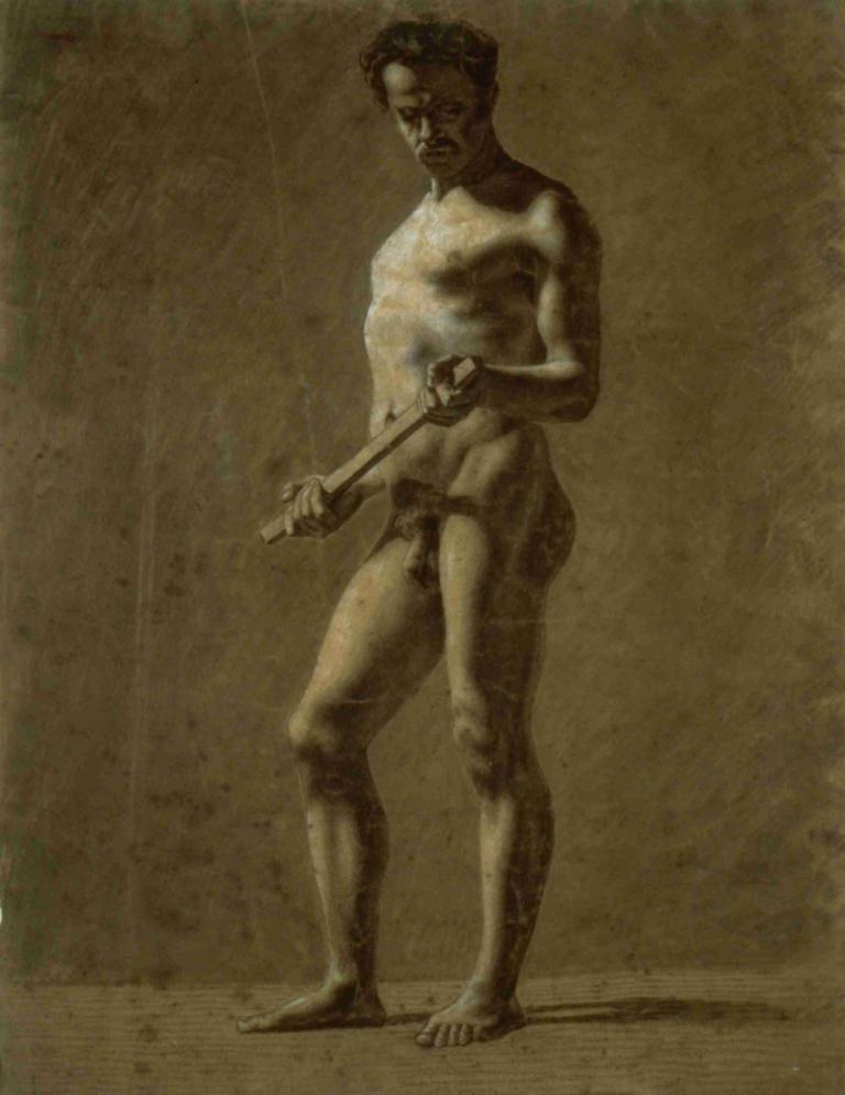 Standing Academic Male Nude,Nu académique masculin debout,Eugène Delacroix,Peinture à l'huile