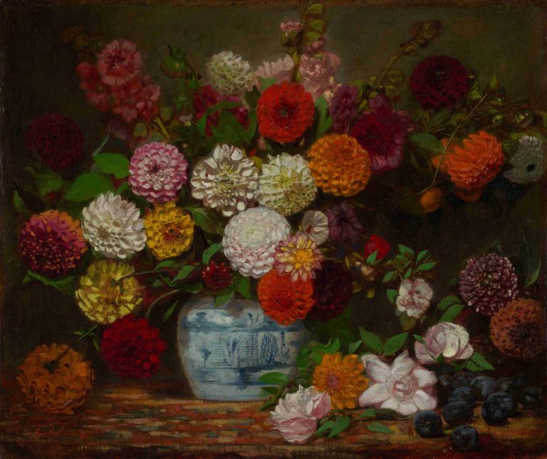 Still Life with Dahlias, Zinnias, Hollyhocks and Plums,Zátiší s jiřinami, cíniemi, cesmínami a švestkami