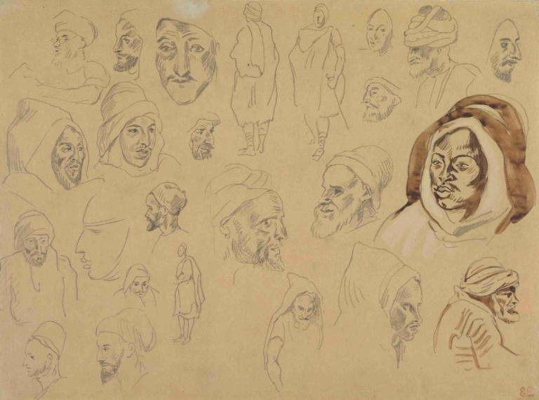 Studies of Arab Heads and Figures,阿拉伯头像和人物研究,Eugène Delacroix,欧仁-德拉克洛瓦,素描,素描, 男性焦点, 传统媒体, 老的, 胡子, 1男孩, 草图