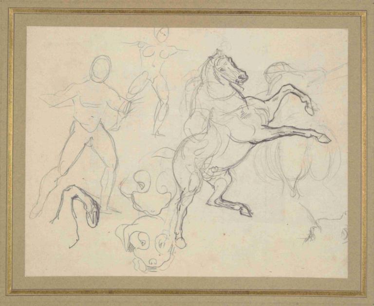 Studies of Figures, Horses and Dogs,人物、馬、犬の研究,Eugène Delacroix,ウジェーヌ・ドラクロワ,スケッチ,スケッチ, スケッチ, モノクロ, 犬, 人間がいない