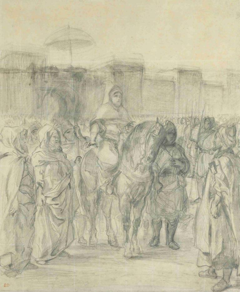 Study for 'The Sultan of Morocco and His Entourage',摩洛哥苏丹及其随从 "研究报告,Eugène Delacroix,欧仁-德拉克洛瓦,素描,素描, 马, 单色