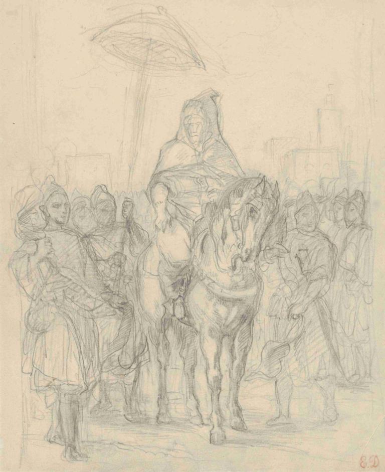 Study for 'The Sultan of Morocco and His Entourage',摩洛哥苏丹及其随从 "研究报告,Eugène Delacroix,欧仁-德拉克洛瓦,素描,素描, 马, 草图