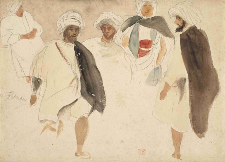 Study of Arabs,Studium Arabů,Eugène Delacroix,Barevný náčrt,Barevný náčrt, více chlapců, pelerína, vousy