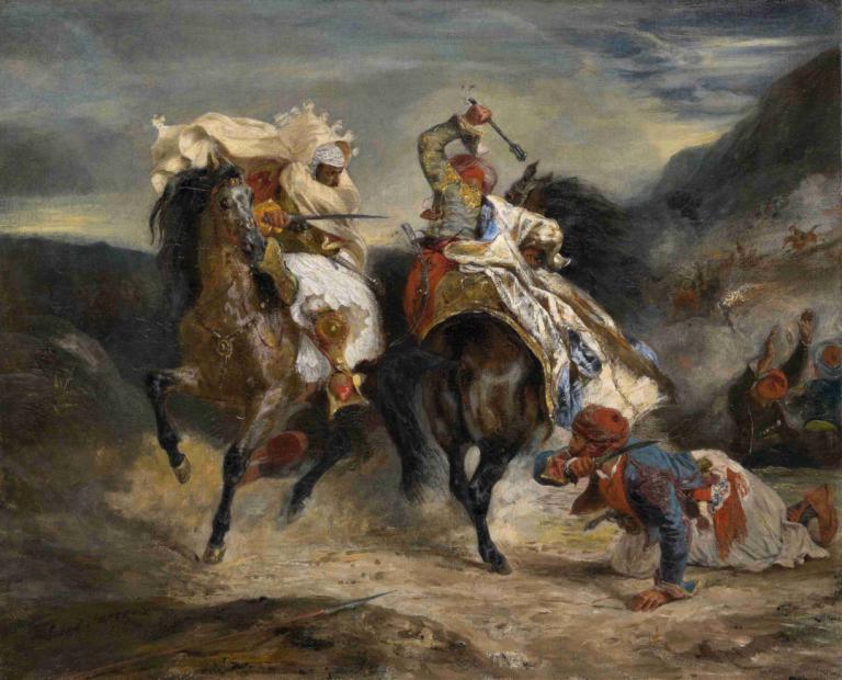 The Combat of the Giaour and Hassan,ジアウールとハッサンの戦い,Eugène Delacroix,ウジェーヌ・ドラクロワ,油絵,油絵, 美術パロディ, 複数の男の子, 帽子, 武器